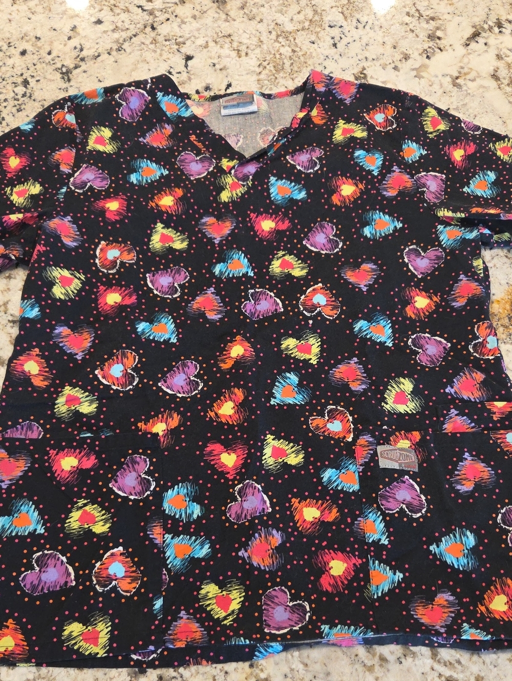 Womens Black Heart-Print Scrub Top - Colorful Hearts